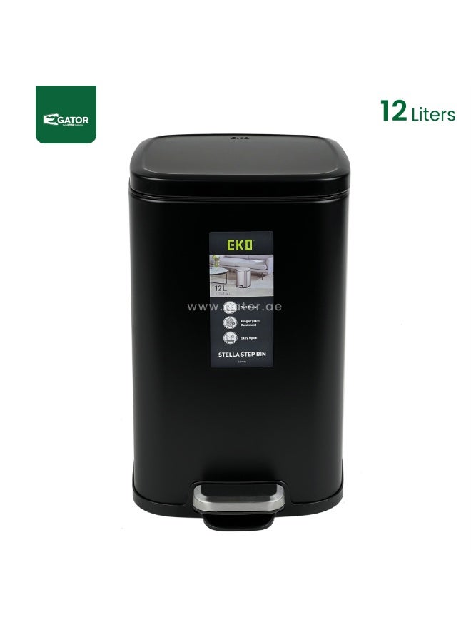 EKO Stella Step Bin | Stainless Steel Pedal Trash Bin with Soft Close Lid | Fingerprint Resistant Indoor Waste Bin | 12L | Black - Image 3